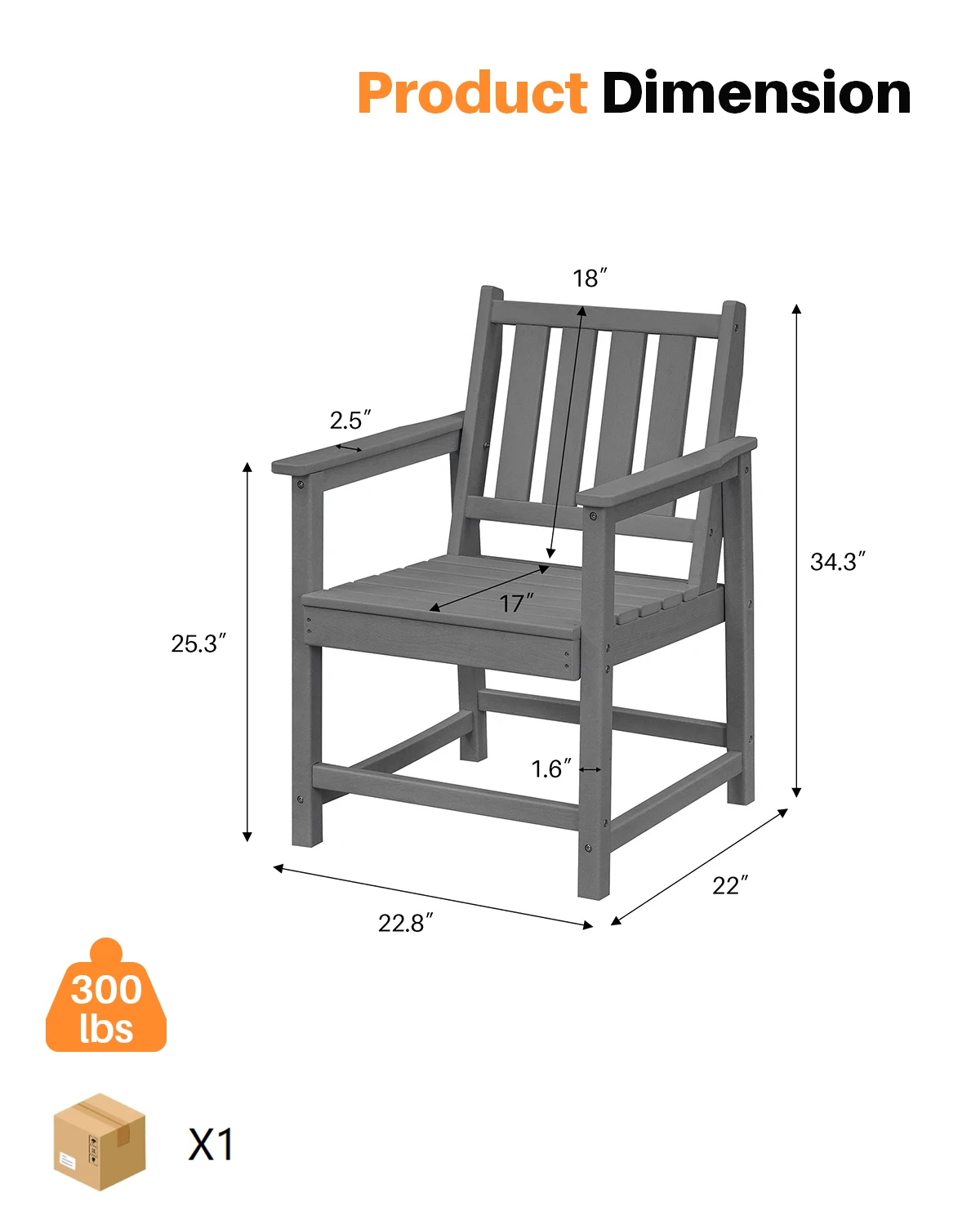SeeHill Smoke Gray HDPE Patio Chair with Armrest, Weather-Resistant Outdoor Dining Armchair for Deck, Garden, or Pool Area