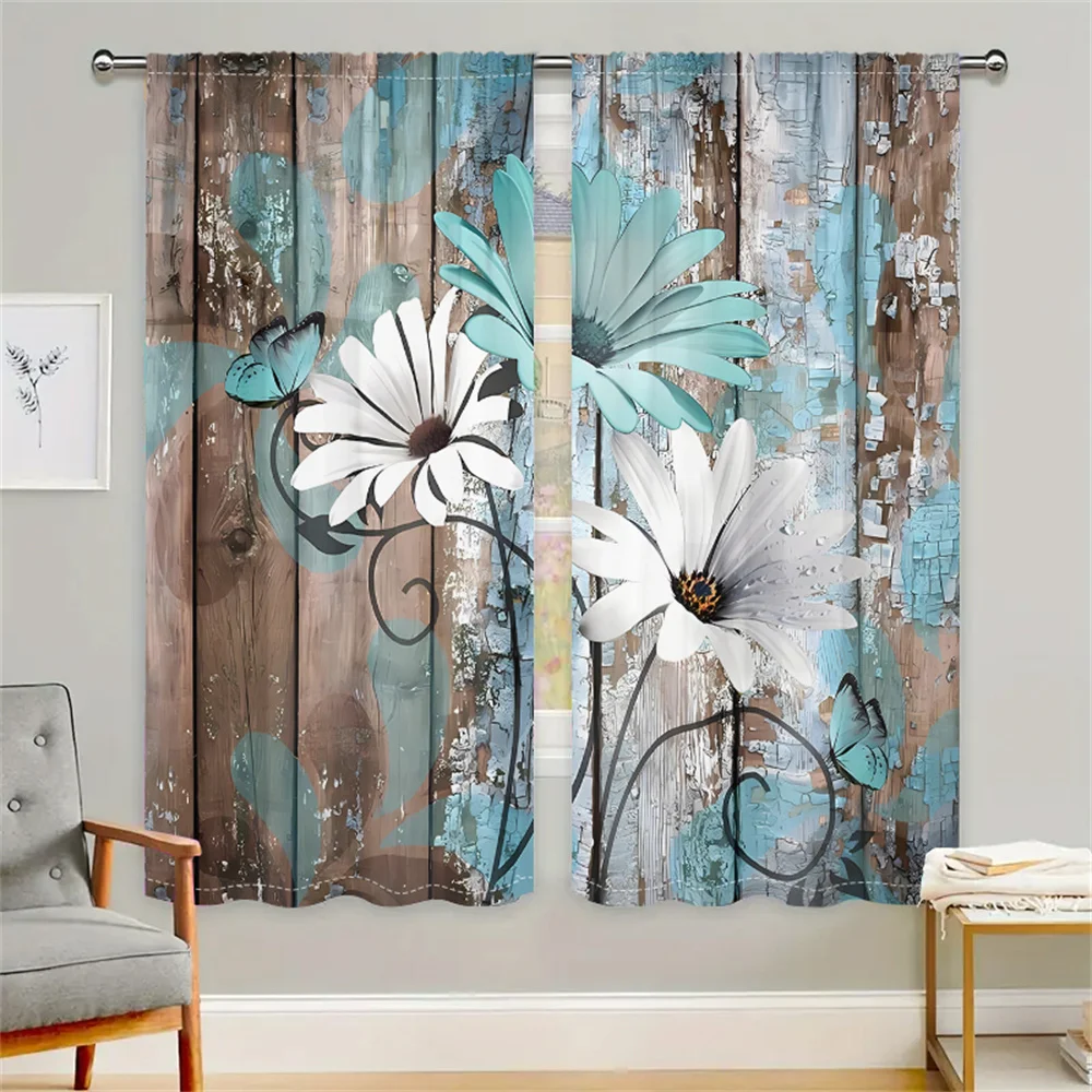 2Pcs Vintage Wooden Floral Curtains Mint Green White Daisy Butterfly Living Room Bedroom Window Decor Curtains Country Sty