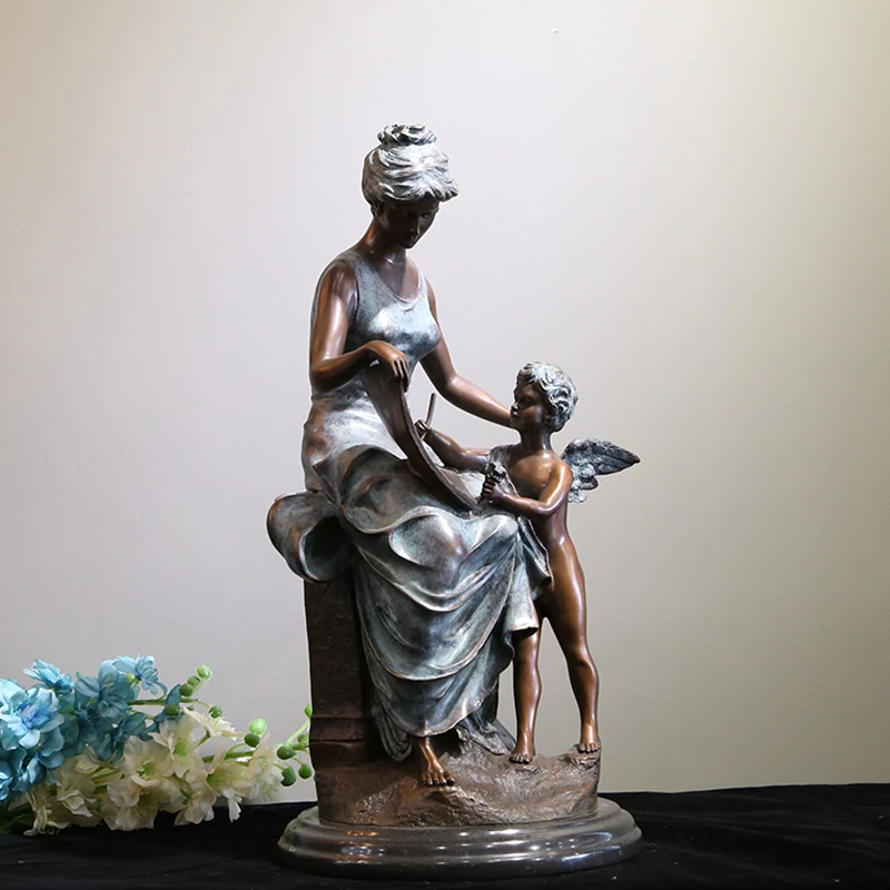 Beautiful Vintage Bronze Figurine Bronze Female Sculpture With Baby Angel Handmade Family Art Crafts For Home Decor Ornament