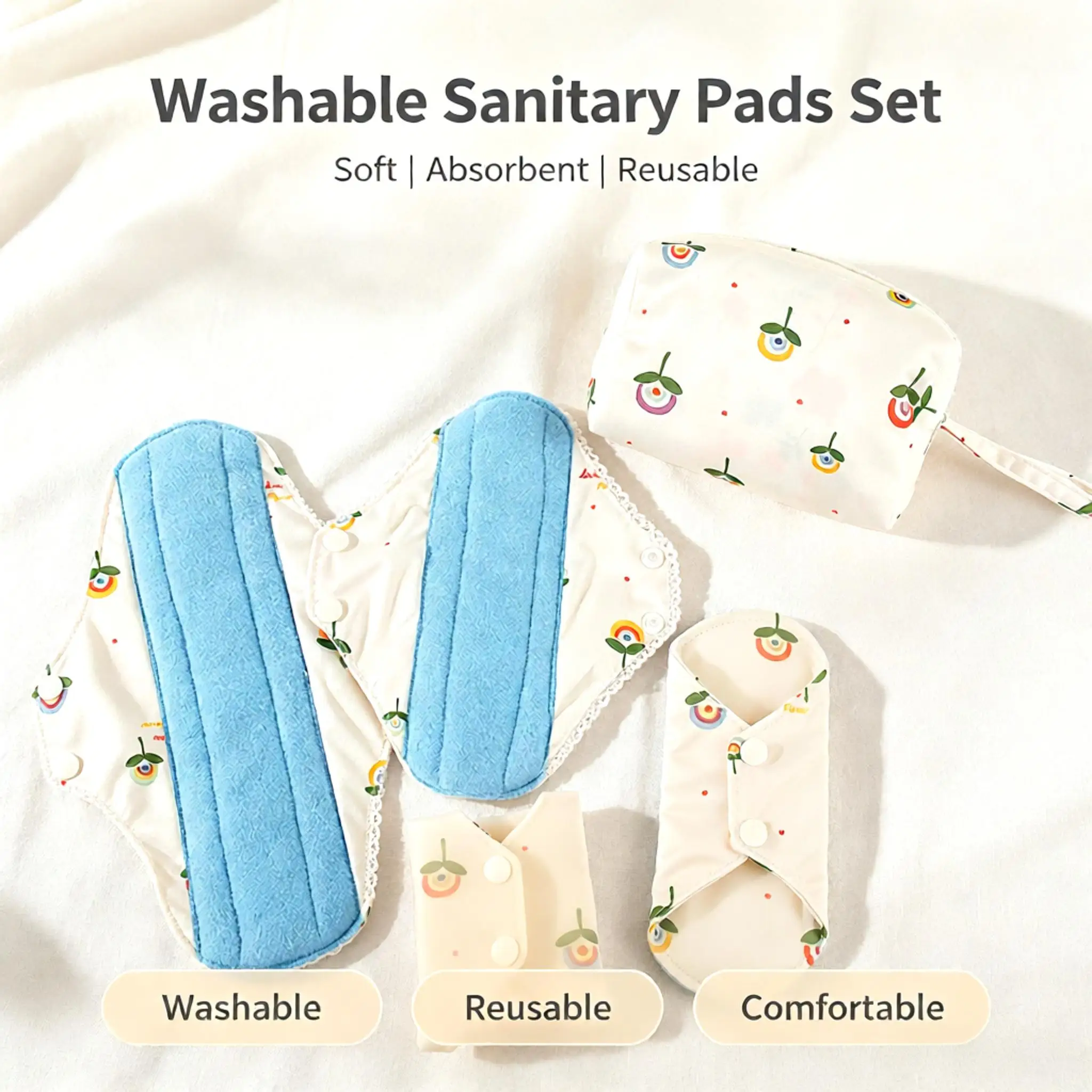 Soft Washable Reusable Printed Mesh Cotton Sanitary Pads Set Skin-Friendly Portable Leakproof Menstrual Pads for Comfortable