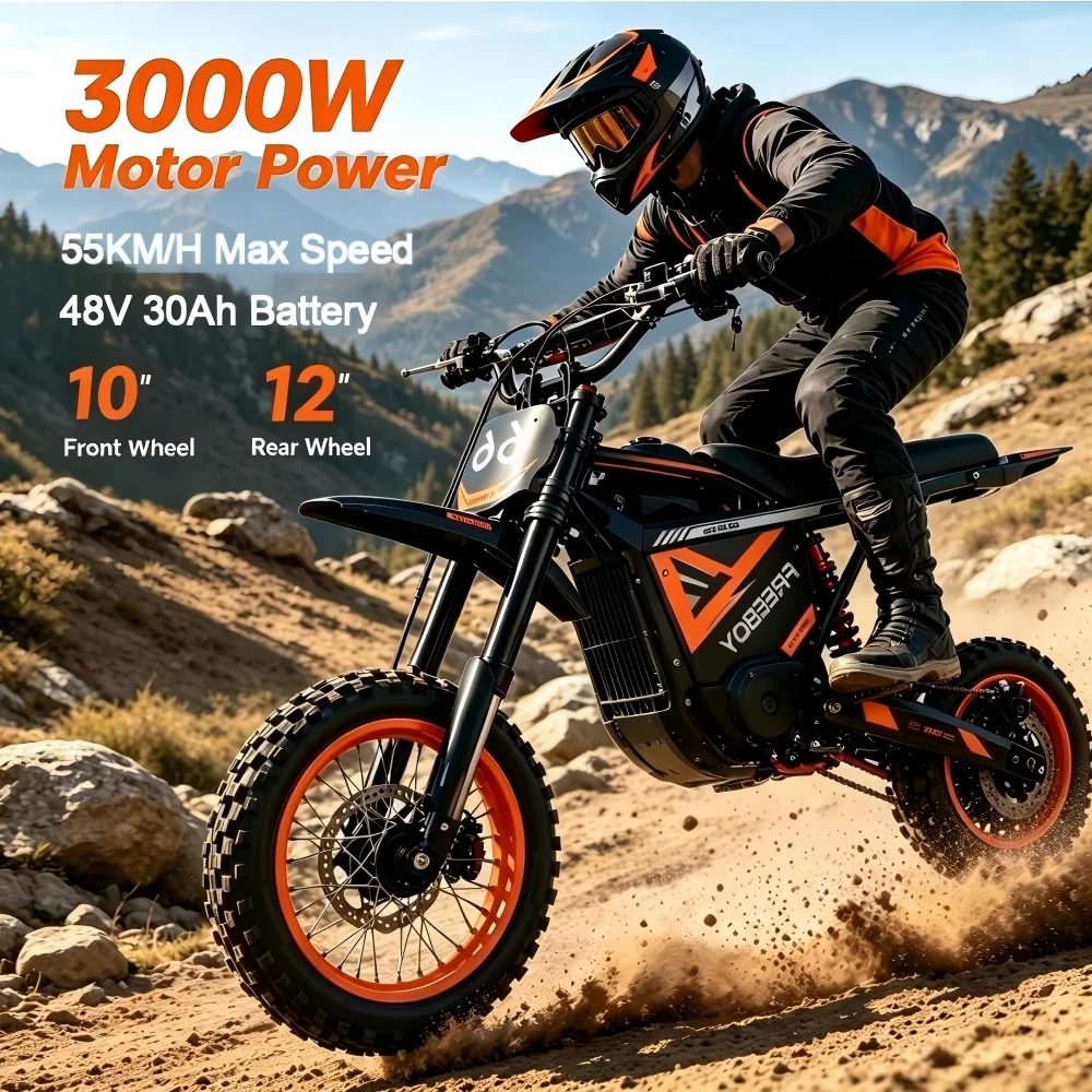 Elektryczny motocykl terenowy 3000W 48V 30AH, elektryczny motocykl z grubymi oponami 10/12 cali dla nastolatków i dorosłych.