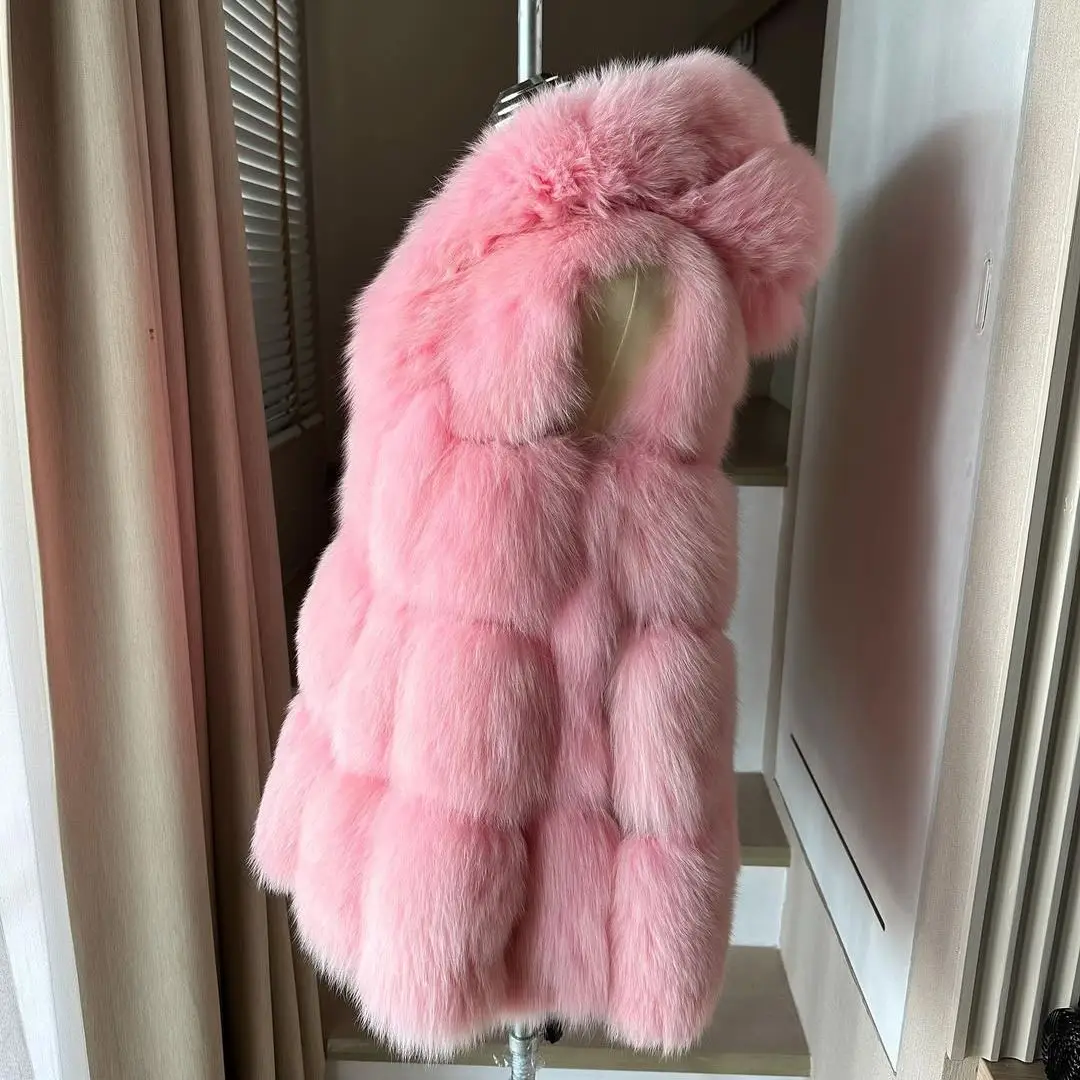 Light Pink Real Fox Fur Vest with Hood Winter Fashion Fur Overcoat Luxury Wholeskin Genuine Leather Fox Fur Coat Sleeveless