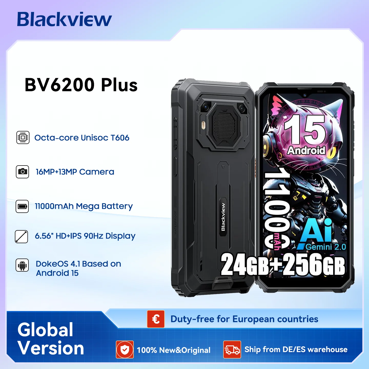 Teléfono Inteligente Resistente Blackview BV6200 Plus, Octa Core T606, 8GB + 256GB, Android 15, Teléfono Móvil para Exteriores, 6.56 Pulgadas 90Hz, 11000mAh