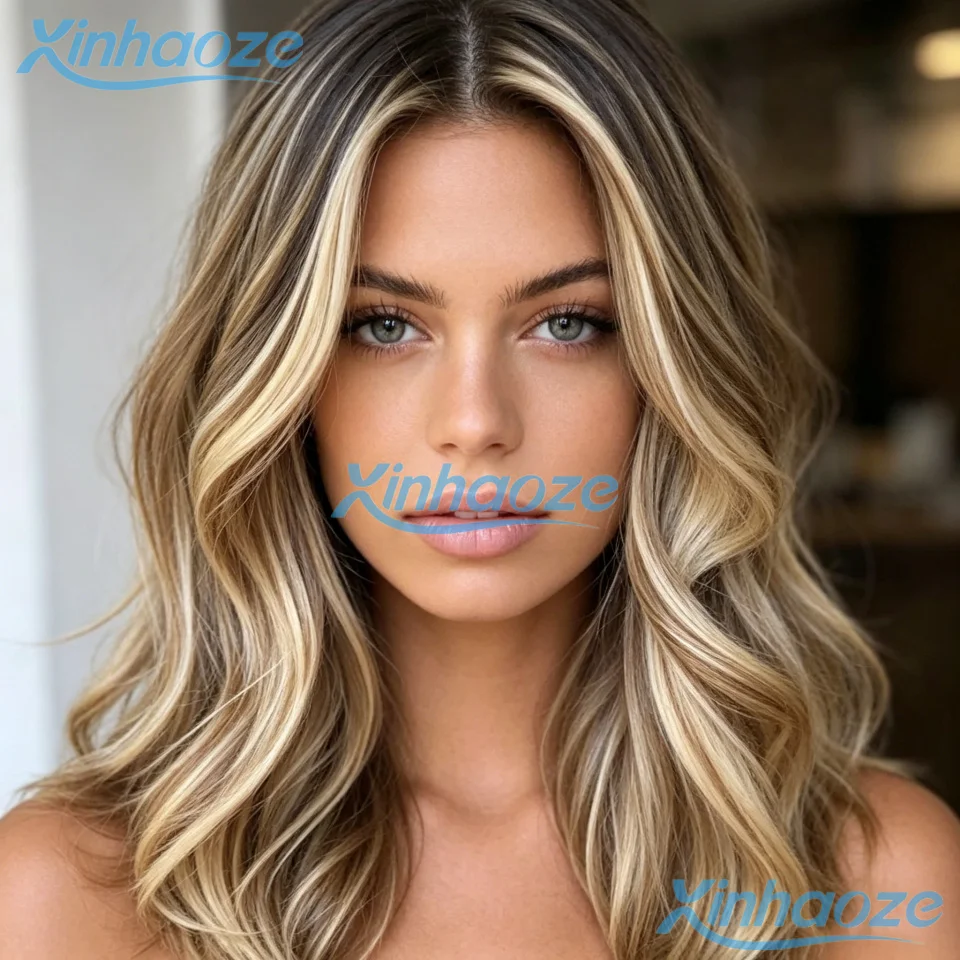 Glueless Platinum Blonde Highlight Body Wavy 200% Density 13x4 Lace Front Wig #613 Brown Blonde Pre Plucked With Combs and Strap
