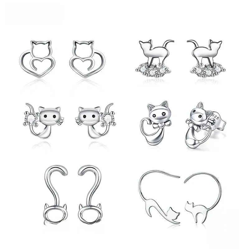 WOSTU Prawdziwe 100% 925 Sterling Silver Lovely Cat Pet Kolczyki sztyfty dla kobiet S925 Srebrny kolczyk Biżuteria modowa Prezent FIE073 — zdjęcie 2