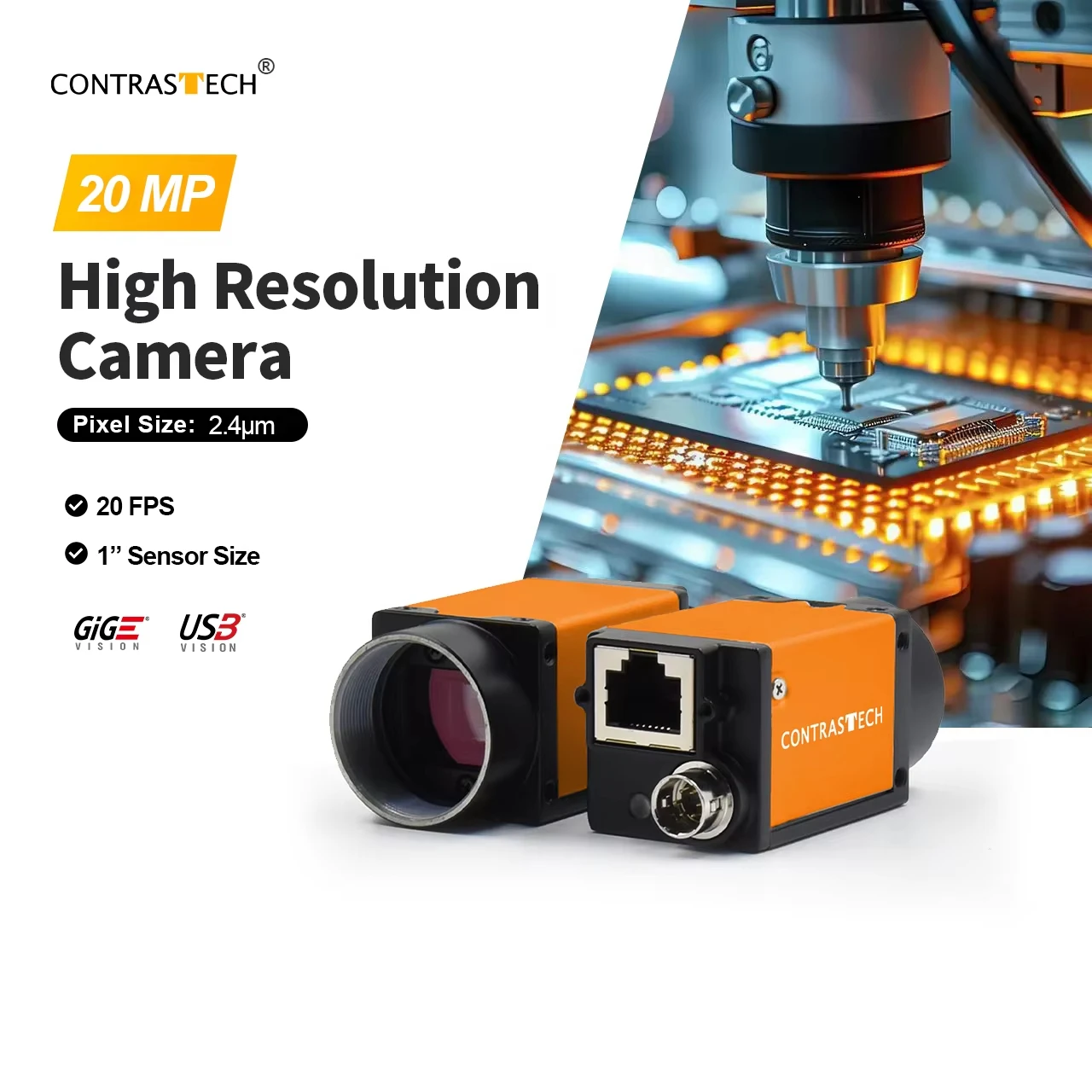 

20-мегапиксельная 1-дюймовая камера IMX183 для промышленного сканирования, USB3.0 GigE, 20 кадров в секунду, высокое разрешение, машинное зрение для проверки AOI на печатной плате, CONTRASTECH