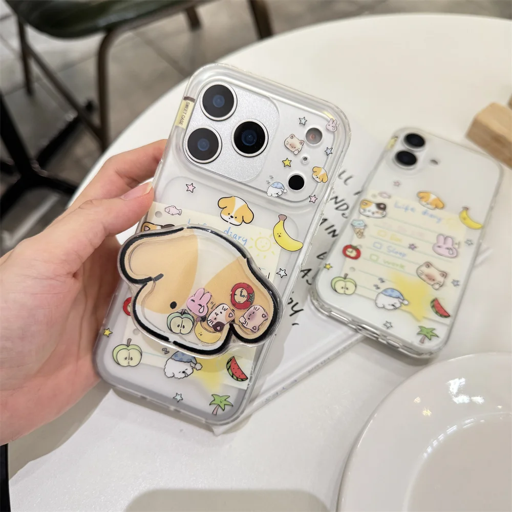 

Cute Fruit Cartoon Animal Phone Case for iPhone 15 16 15 Pro 16 Pro 17 Pro Max Cover with Bracket Korean Shock Protection Cases