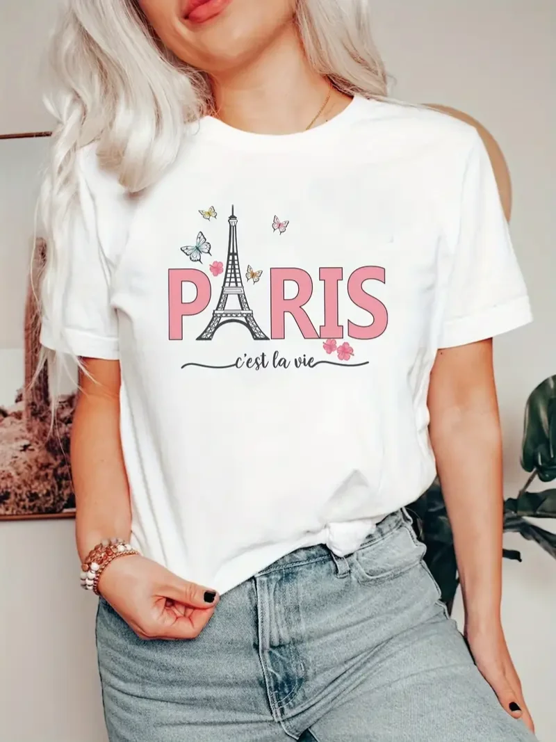 Paris Eiffel Tower Print Crew Neck T-Shirt Women Cotton Plus Size Tshirts Hip Hop Breathable Streetwear Soft Casual Short Sleeve