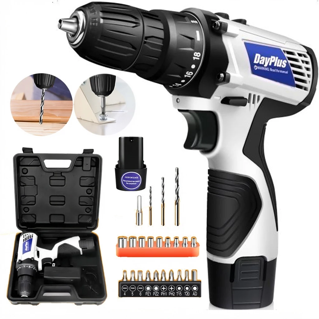 Kit de perceuse-visseuse sans fil miniature avec 2 batteries Li-ion, kit d'outils de visseuse électrique 12V avec éclairage de travail LED, couple maximal 45 N.m, mandrin sans clé de 3/8 pouces, 18+1 positions, double vitesse 0-400/1400 tr/min