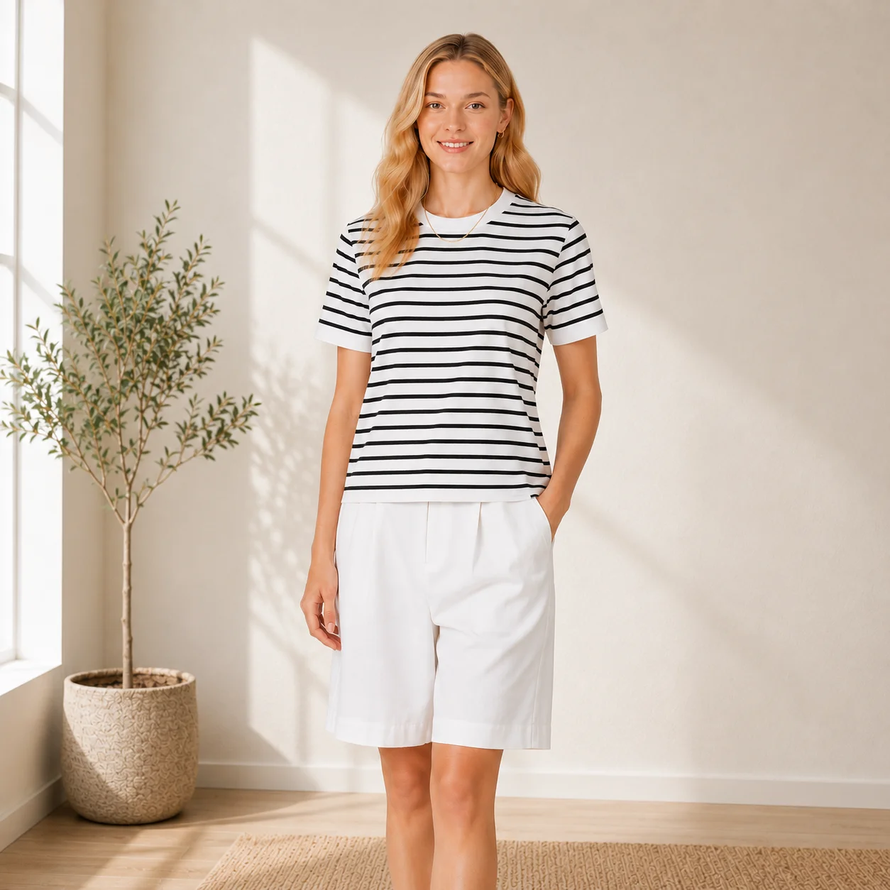 Camiseta de Manga Corta para Mujer, Colección Primavera/Verano 26, Lino y Seda de Morera, Clásica, Rayas Azul Marino, Casual y Versátil