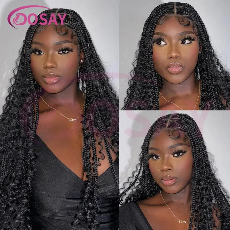 الاصطناعية 36 "الدانتيل الكامل بوهو شعر مستعار مضفر مجعد ينتهي عقدة صندوق الضفائر شعر مستعار للنساء السود 1B27 شقراء آلهة الضفائر شعر مستعار #2
