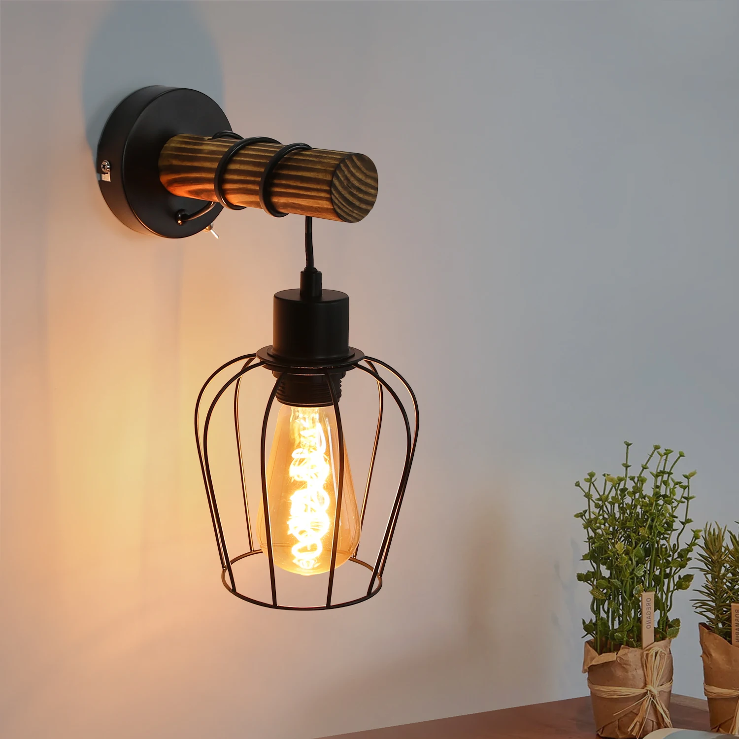 Rostik Industrie Wandleuchte Schwarz Holz & Metall Vintage Käfig Wandlampe mit Kippschalter E27 Fassung max 40W Innenleuchte für Schlafzimmer Wohnzimmer Flur Café Bar (Ohne Leuchtmittel)