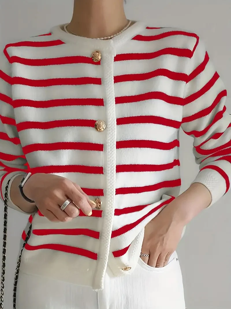 Chic Striped Cardigan Sweater Soft Long Sleeve Crew Neck Button Front Elegant Fall Fashion Women Cozy Clothing For Everyday Wear