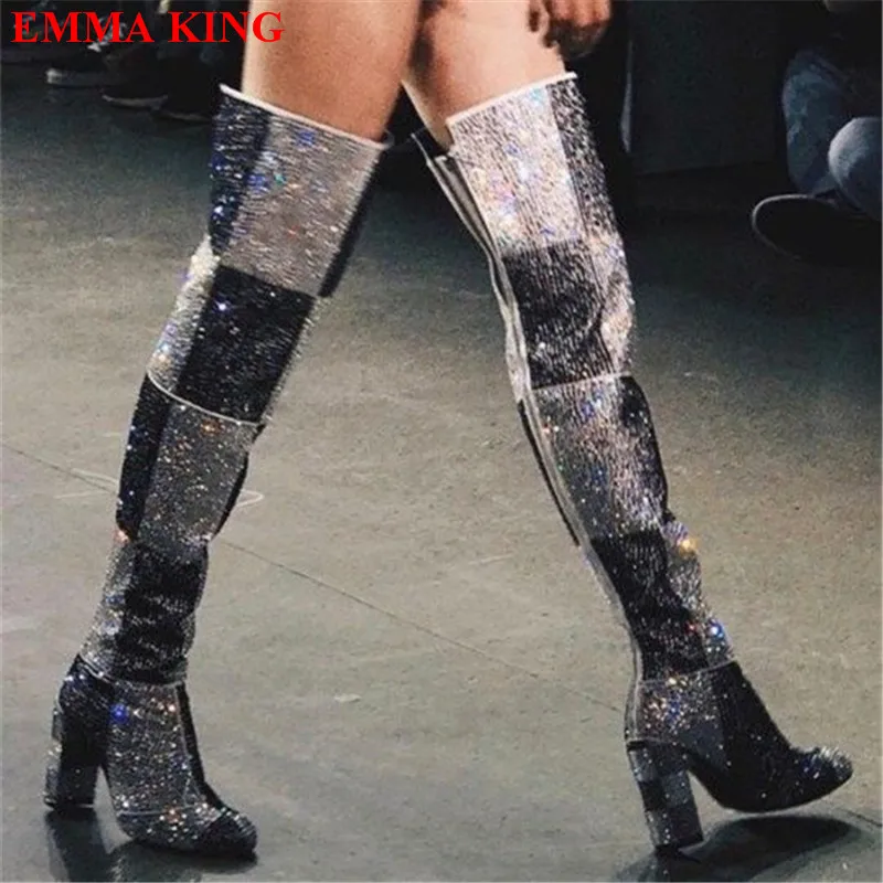 

Fashion Women Bling Rhinestone Over The Knee Boots Chunky Heels Women's Shoes Autumn Winter 2023 Runway Thigh High Boots Woman