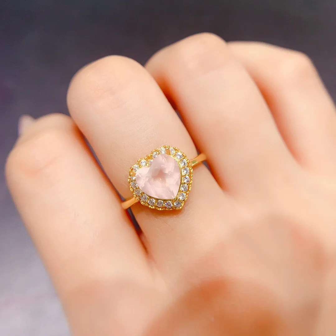 KJJEAXCMY Boutique Jewelry Girls' Natural Carved Pink Crystal Gemstone Ring Pendant Earnail Set 925 Pure Silver Plated Gold