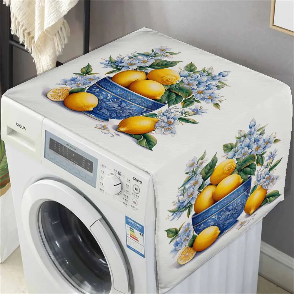 Blue Vase on Yellow Lemons Print Dust Cover Washing Machine Dust Mat Design Refrigerator Protective Pad Household Home Supplies