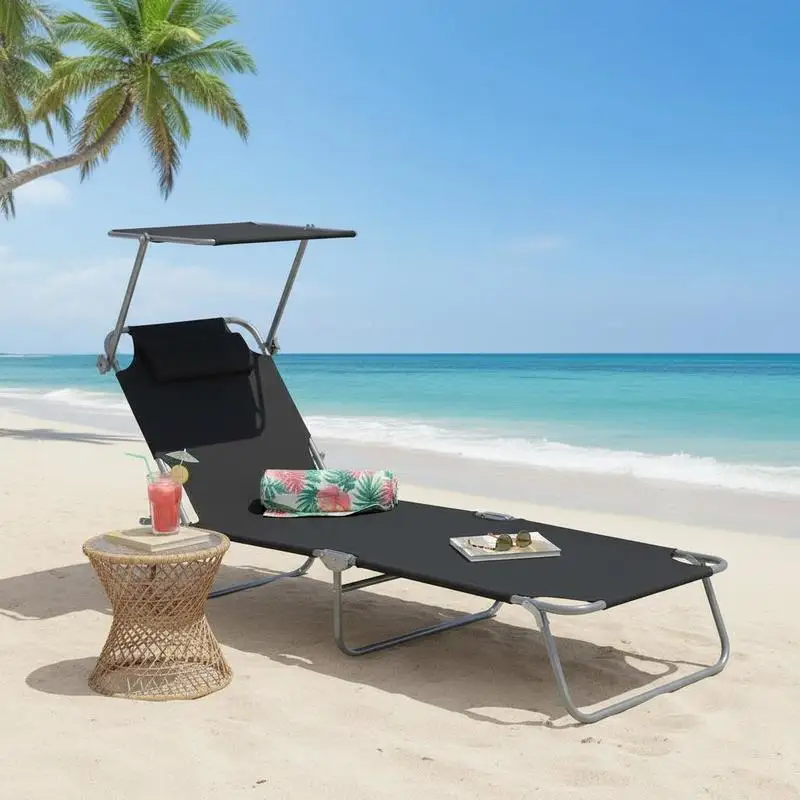 Chaise longue pliante, chaise longue de jardin avec pare-soleil, chaise longue de terrasse avec dossier réglable en 4 positions, chaise longue de camping, capacité de charge