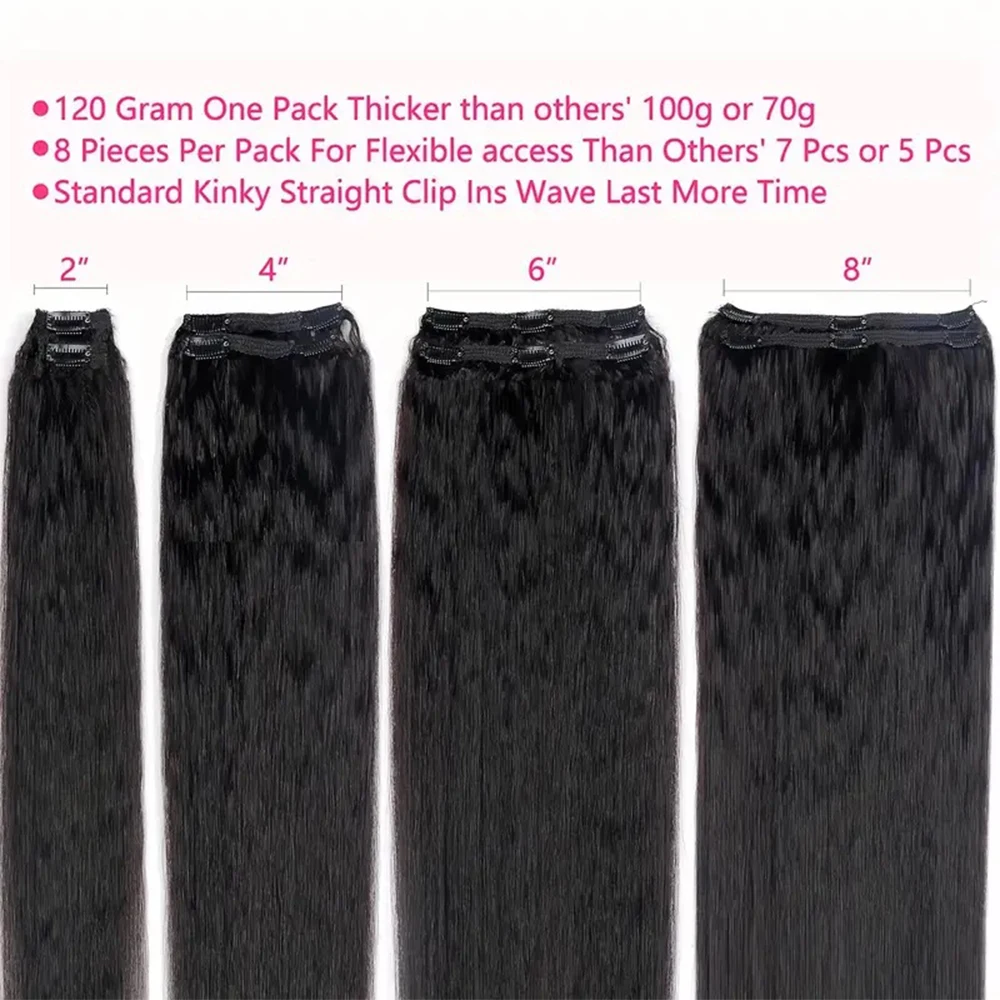 Kinky Straight Clip In Hair Extensions 100% Real Human Hair Natural Black 8 Pcs/120g Full Head Brazilian Remy Clip ins Seamless