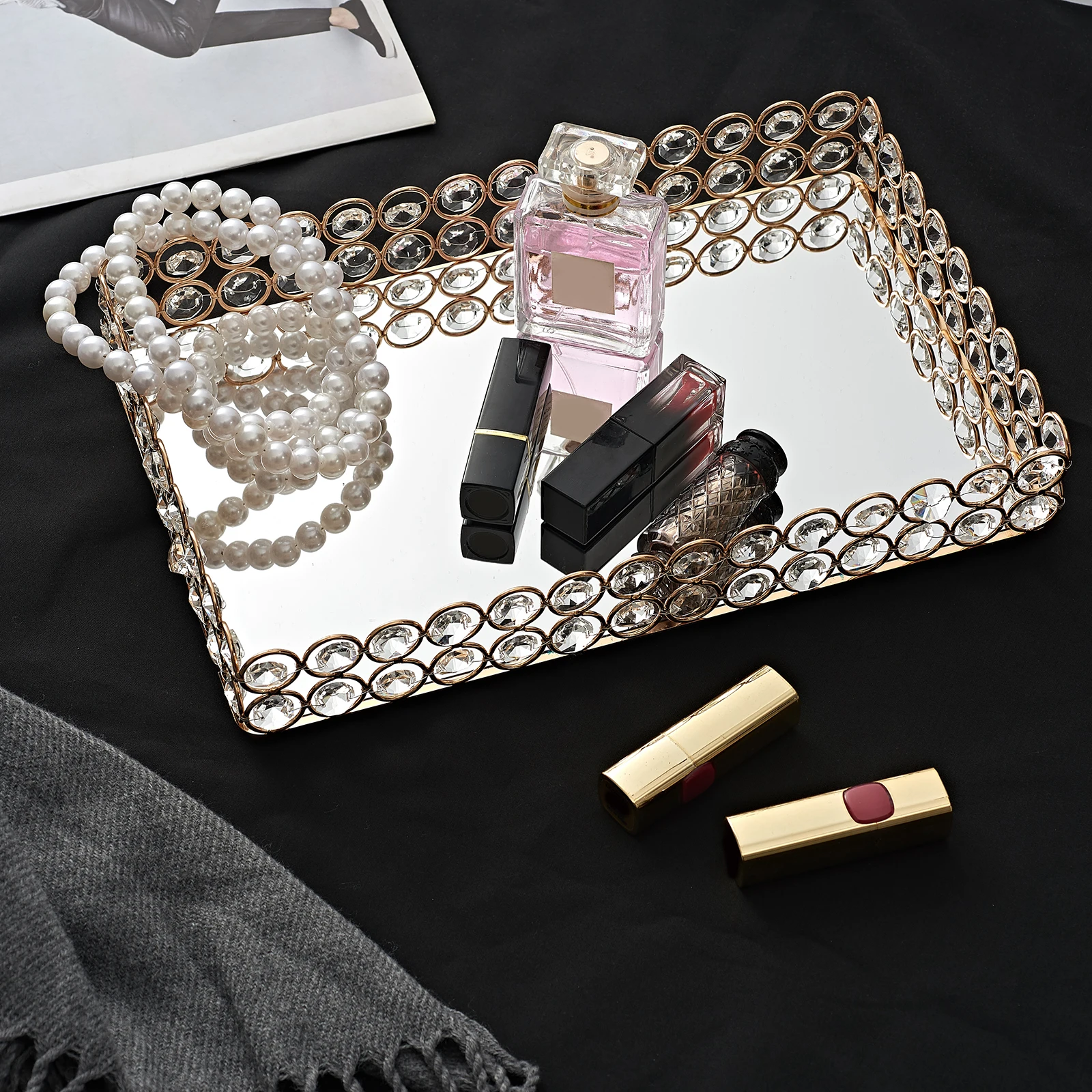 Golden Jewelry Storage Box Tray Glass Mirrored Crystal Cosmetic Make Up Organizer Home Decoration Rack Desktop Plate Tray