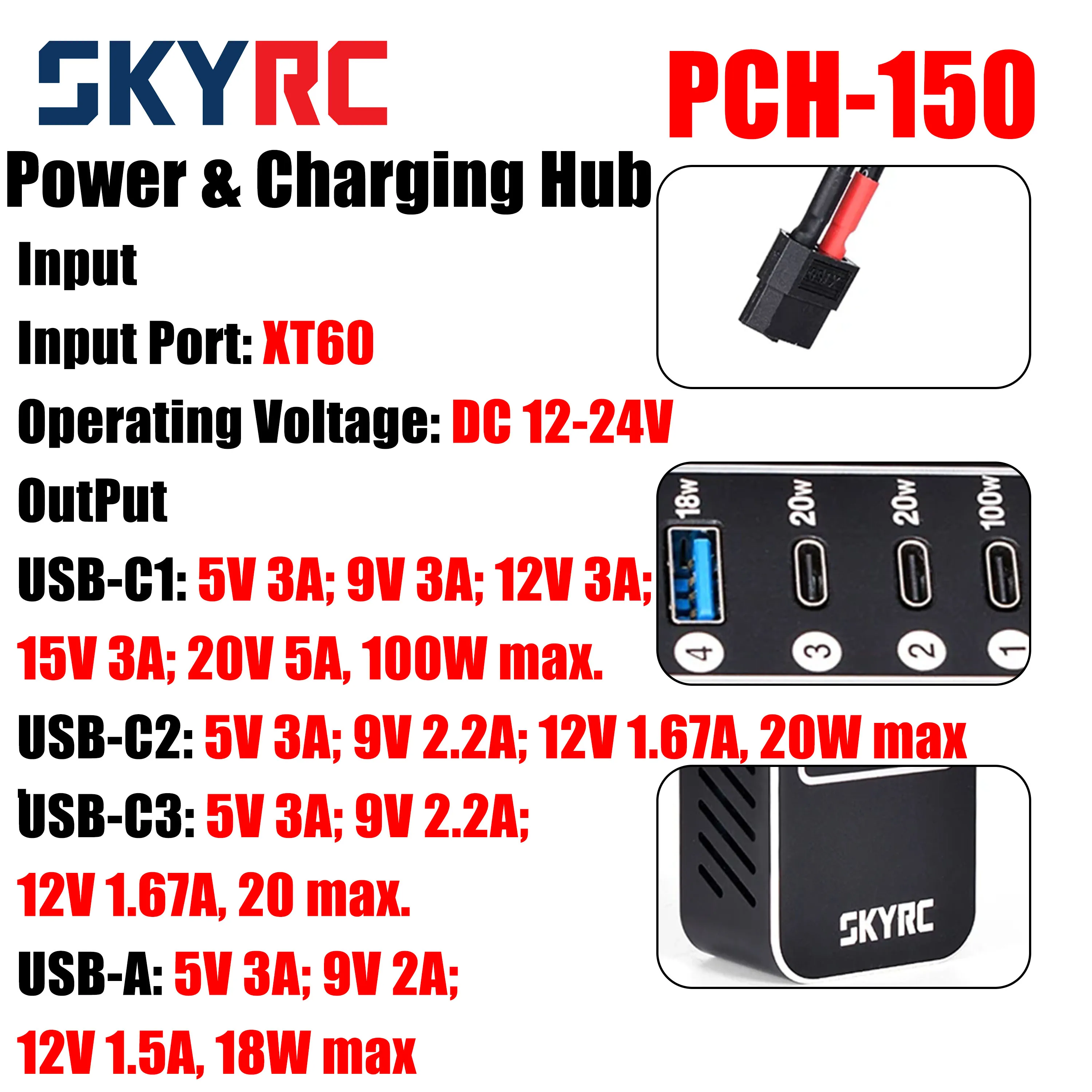 

SKYRC PCH-150 Power & Charging Hub 158W Compare with T1000 D200neo Maestro Charger Discharger for Remote Control Device Part