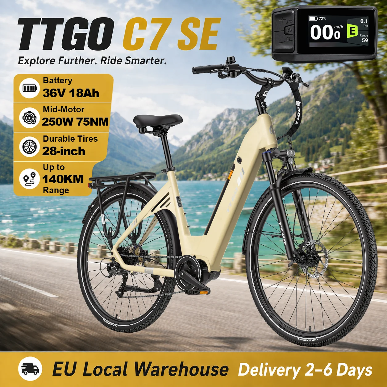 TTGO C7 SE 28 Zoll Elektro-Citybike, 250W Mittelmotor 75Nm, 36V 18Ah herausnehmbarer Akku, 9-Gang E-Bike mit hydraulischen Bremsen, TFT-Display, Wüstengelb