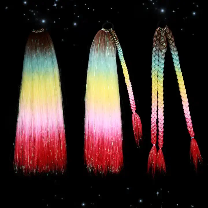 Synthetic Ponytail Hair Headband Cosplay Hair Extensions for Women Pre Stretched Braiding Hair Glitter Ponytail Mixed Tinsel