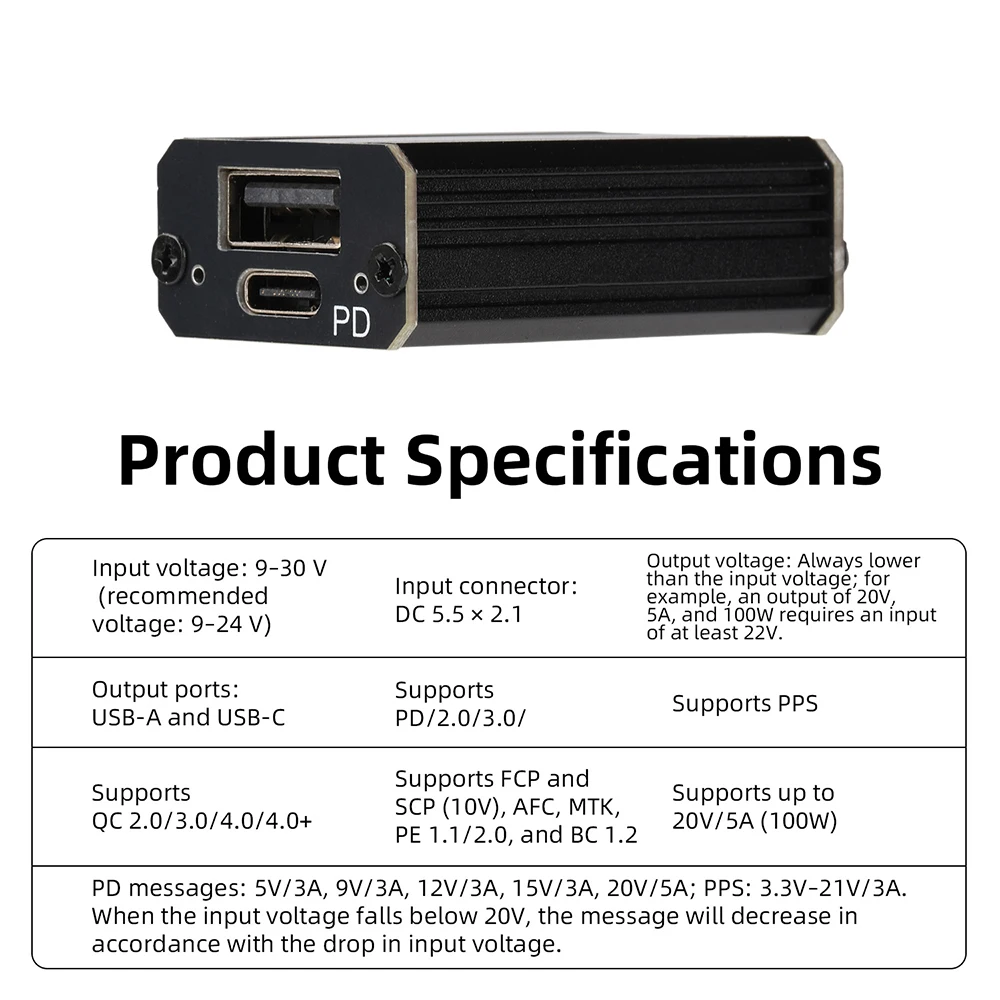 100W Schnelllademodul PD 3.0 Step-Down Autoladegerät mit Festkörperkondensatoren Hochleistungs-Dual-Port USB-A Typ-C für Computer