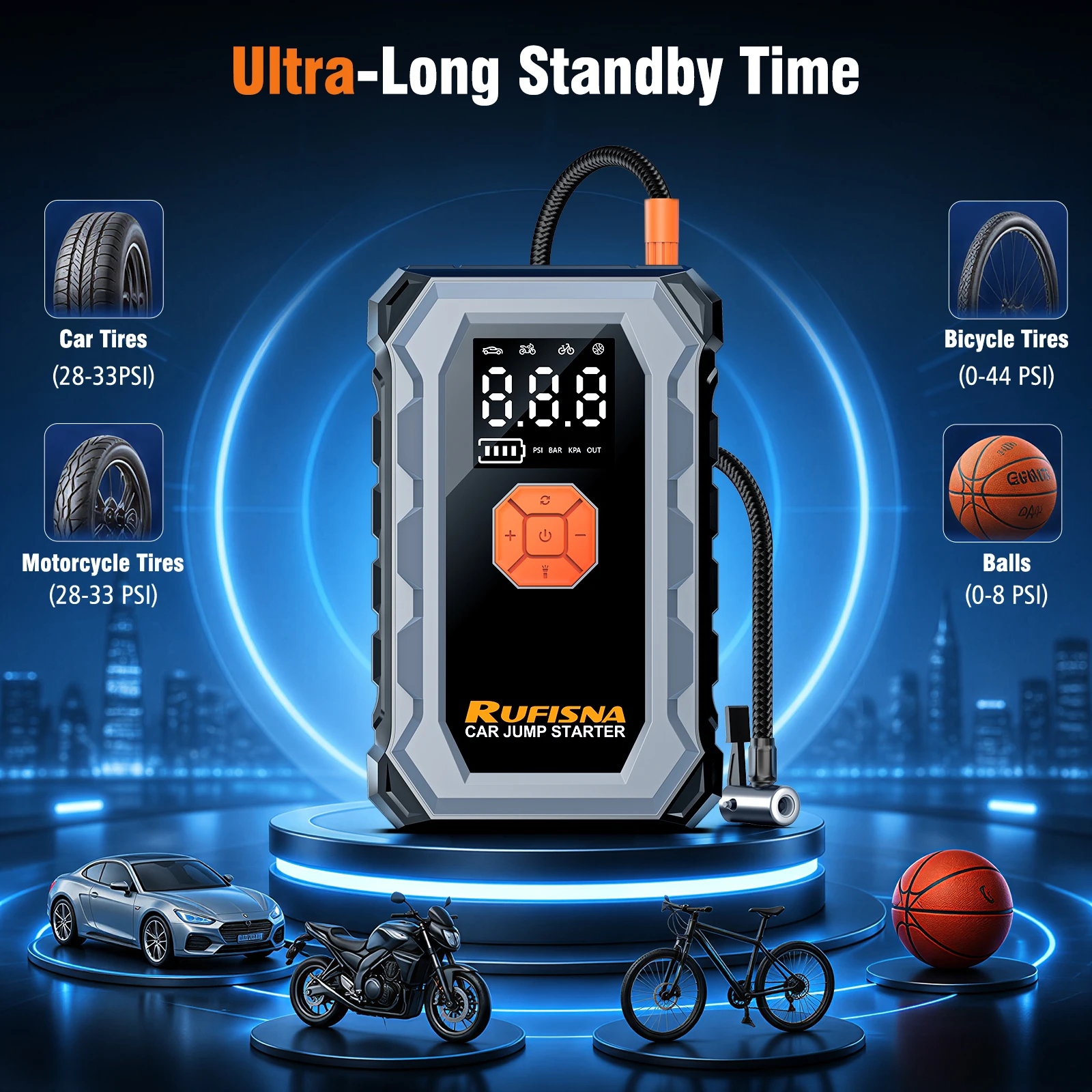 RUFISNA Car Jump Starter 3000A Peak 12V Portable ,150PSI Air Compressor Tire Inflator,All-in-One Emergency Battery Charger Power Bank,LED Flashlight,USB Output,Heavy Duty Booster for Gas Large-Displacement Vehicle,SUV,Truck,Roadside Emergency Rescue Kit - view 5