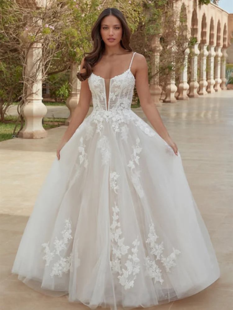 Vintage Scoop Wedding Dresses for Women Spaghetti Straps Button Tulle Lace Appliques Robe De Mariee Customized