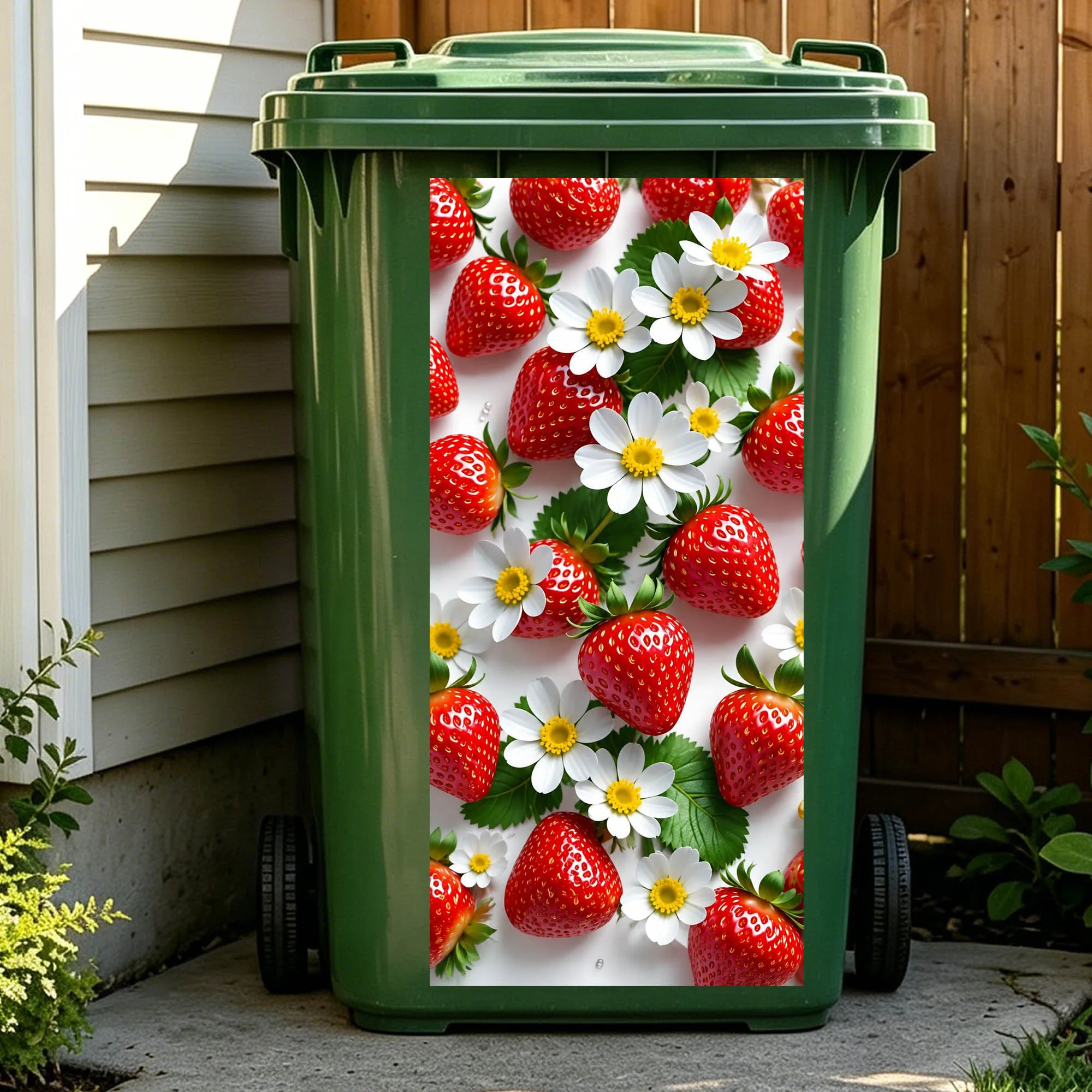 3D Wheelie Bin Stickers Outdoor Trash Can Decoration Summer Fruit Strawberry Apple Cherry Decals Garden Waste Bin Covers Panel view 4