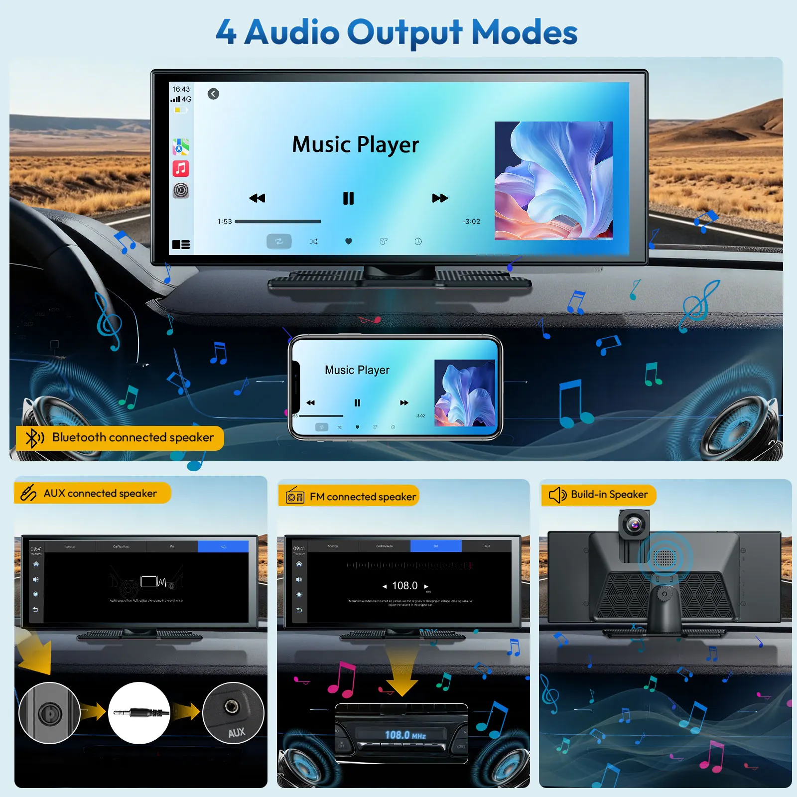 ESSGOO 11.3" 4K+1080P Carplay Android Auto portátil universal doble cámara salpicadero y cámara marcha atrás visión nocturna CarPlay inalámbrico WiFi GPS Navegación grabador vídeo FM Bluetooth 5.3 AUX Mirror Link Para