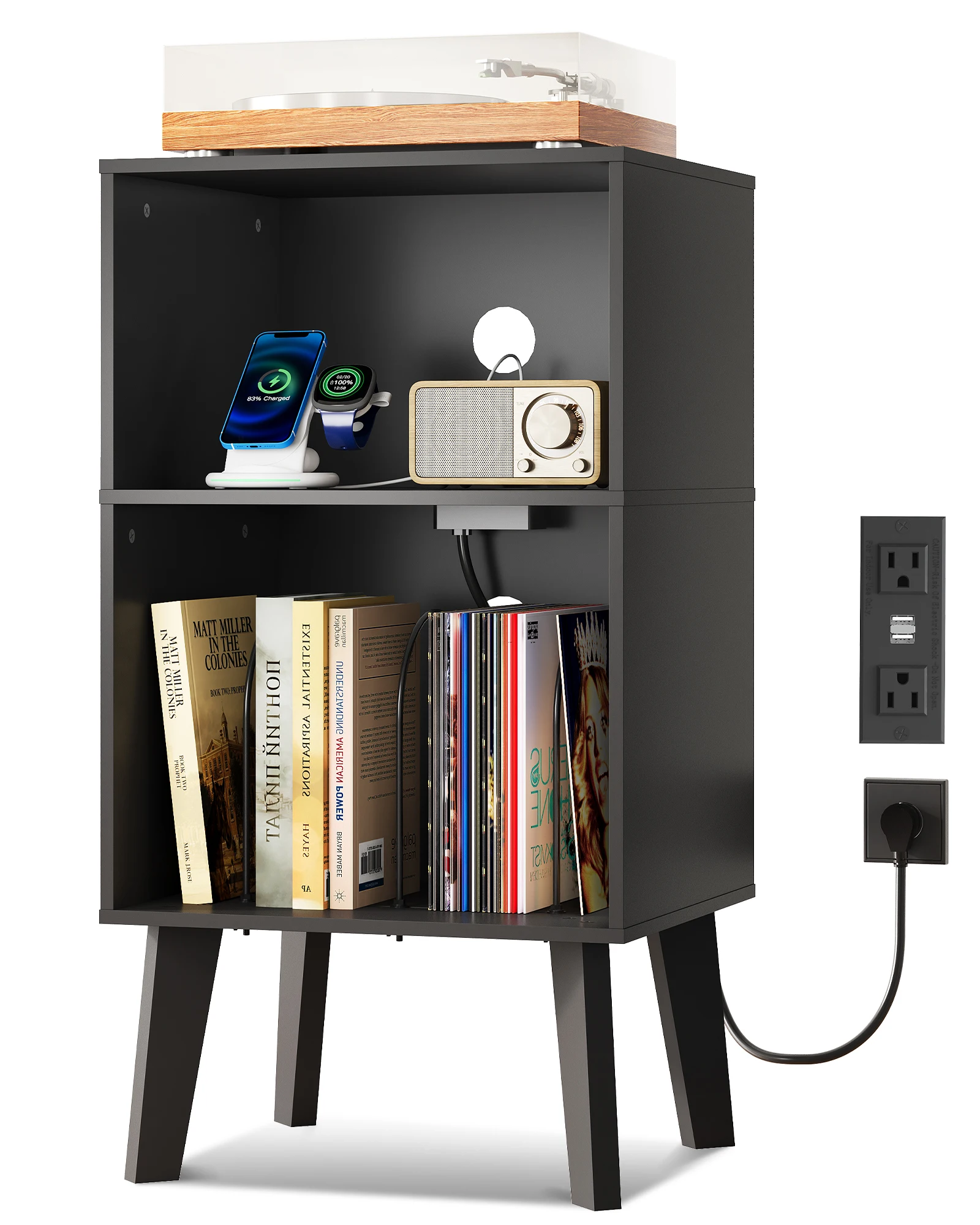Record Player Stand with Charging Station Mid Century Tall Nightstand Holds Up to 150 Albums; 2 Open Compartments; Fits Most Turntables; Hidden Charging Station on Middle Shelf; 2AC + 2USB Ports;
