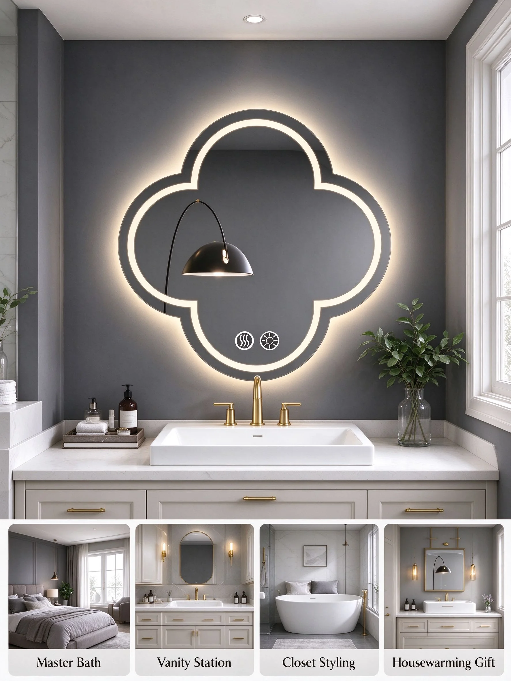 Clover Shaped LED Wall Grooming Mirror, Touch Sensor Auto Steam Defog, Hold Touch Button for Stepless Brightness Adjustment, Decorative Illuminated Vanity Mirror for Bathroom Bedroom