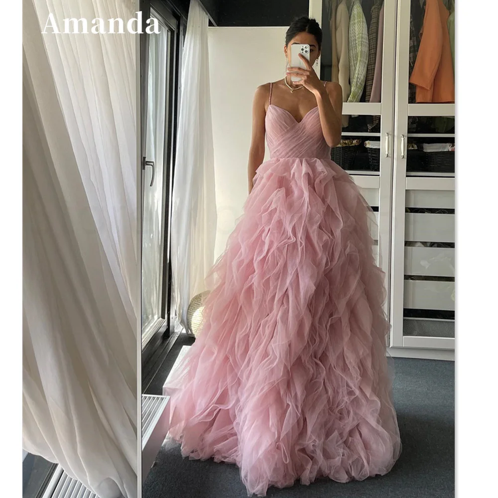 Amanda Princess Organza Prom Dress Sexy Spaghetti Straps Evening Dress Elegant Ball  فستان سهرة Arabic Women Formal Prom Dress