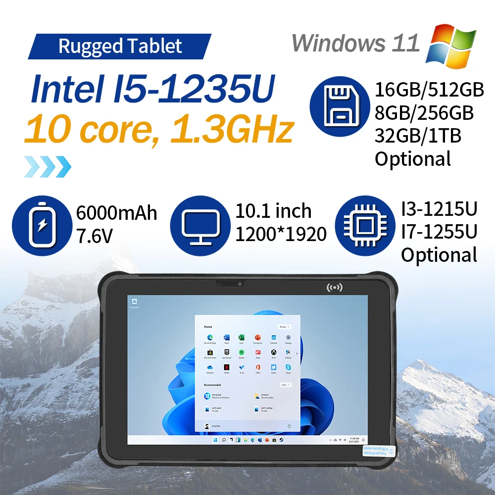 

Rugged Tablet PC 10.1 Inch 1920*1200 500 nits Intel I5-1235U Windows 11 Pro 4G LTE GPS 8GB RAM/256 GB ROM 6000mAh/7.6V Battery