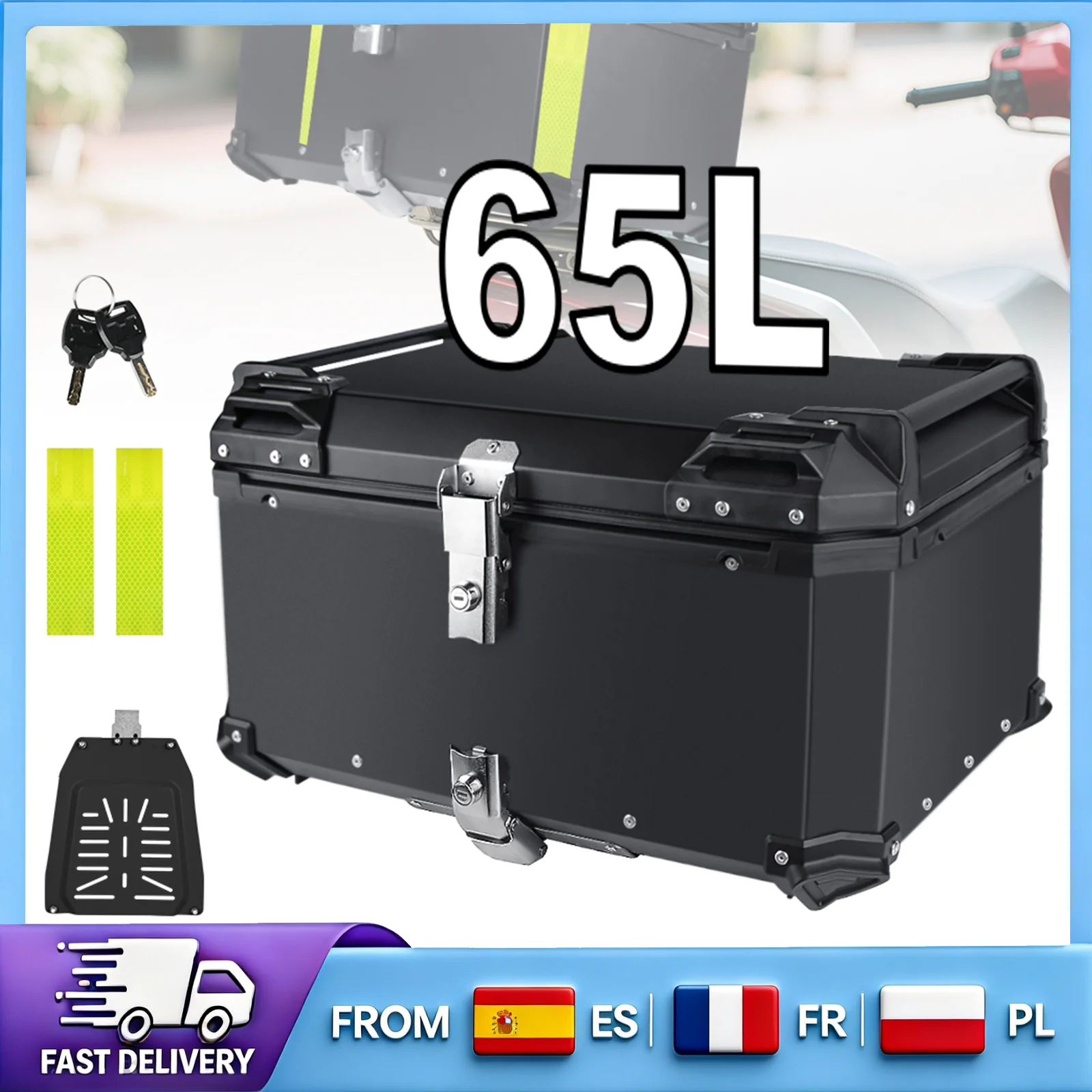 Boîte à bagages arrière pour moto 65L, construction en aluminium robuste, avec doublure en cuir et serrure de sécurité, montage universel, étanche, boîte de rangement