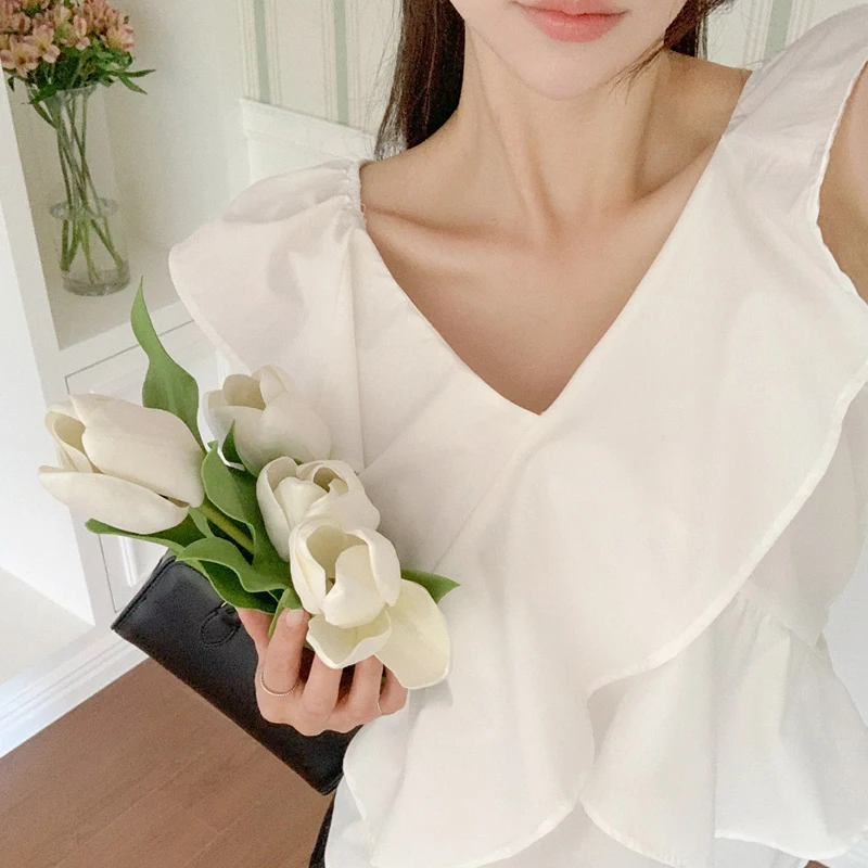 Korean Style V-Neck Strap Ssleepless Nauci Frill Off Shoulder Blouses