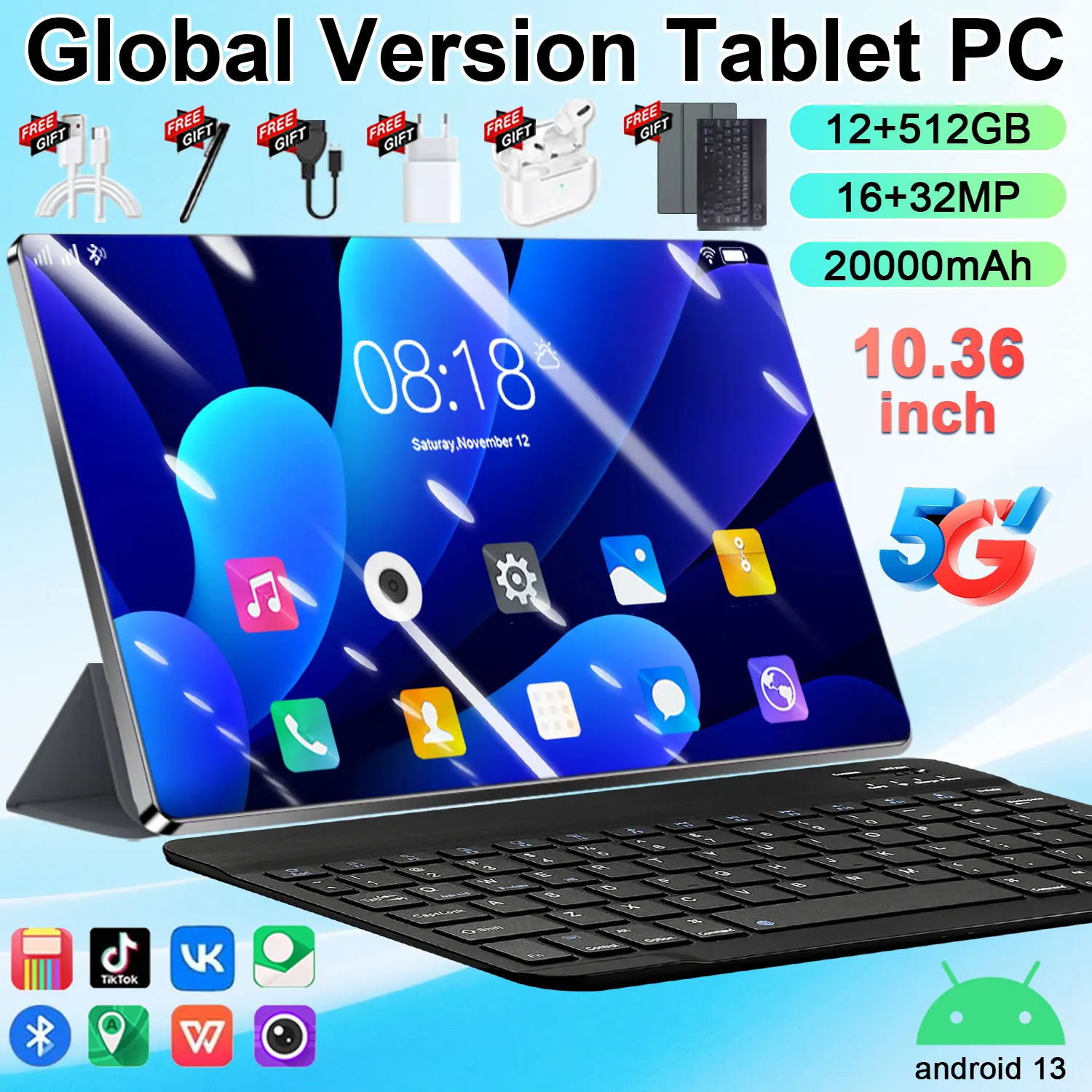 Tablet Android 13 5G Dual SIM Nueva, 16GB+512GB, 10.36 Pulgadas HD 4K, 20000mAh, WiFi