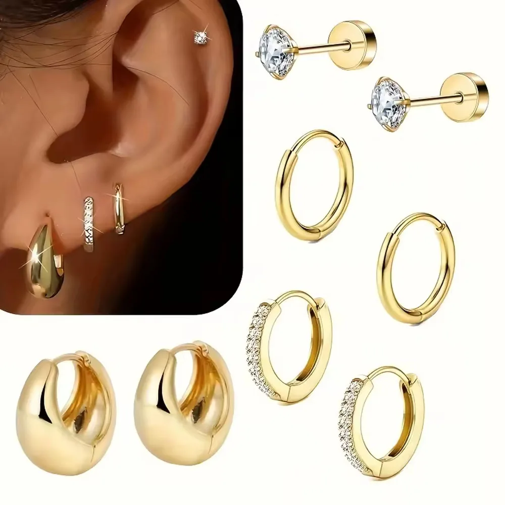8 peças brinco de argola grosso hipoalergênico dourado delicado, prata huggie minúsculo cz brincos traseiros planos conjunto de joias de piercing de cartilagem