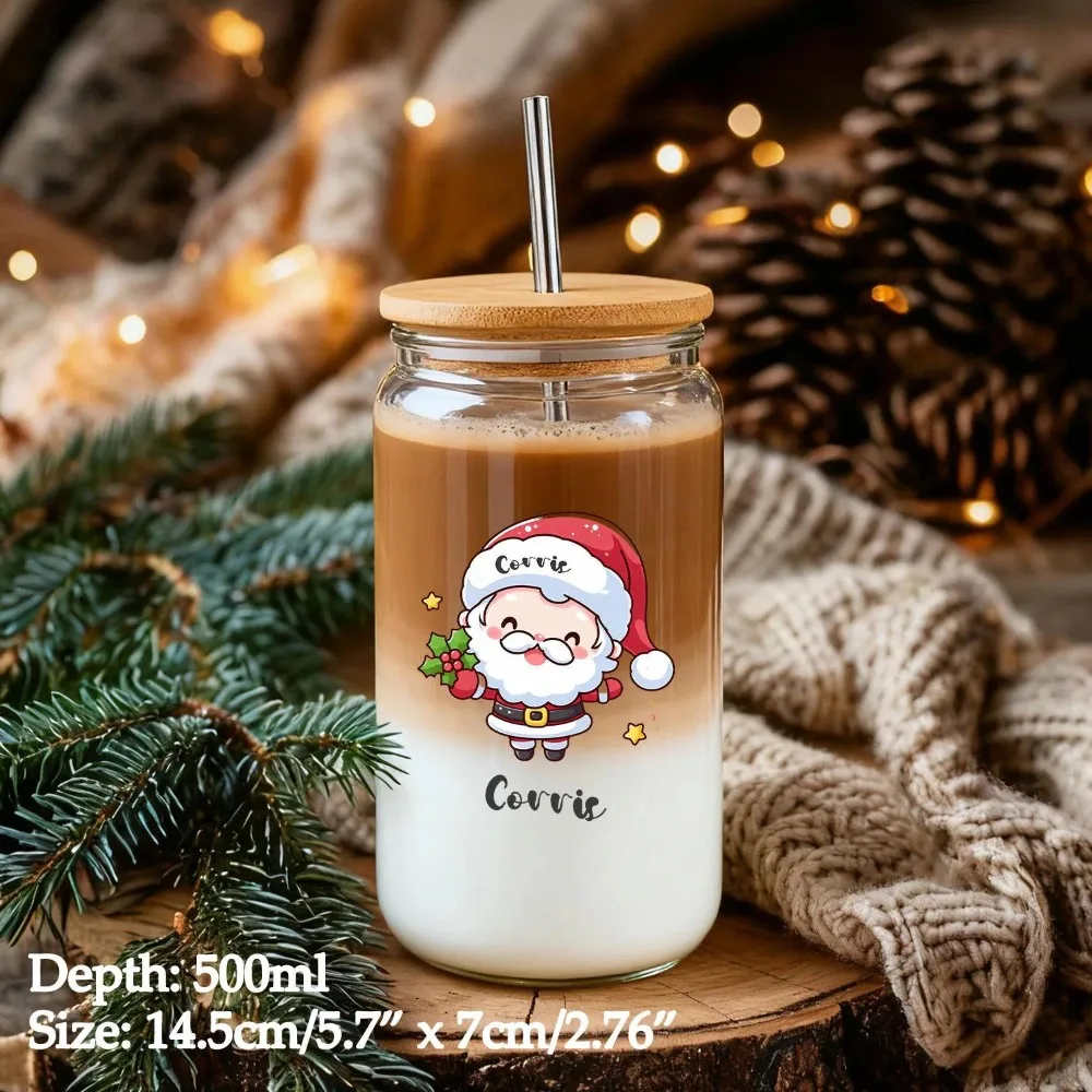 Cute Santa Custom Name Christmas Glass Can Cup 16oz Iced Coffee Tumbler with Bamboo Lid & Straw, Xmas Party Gift
