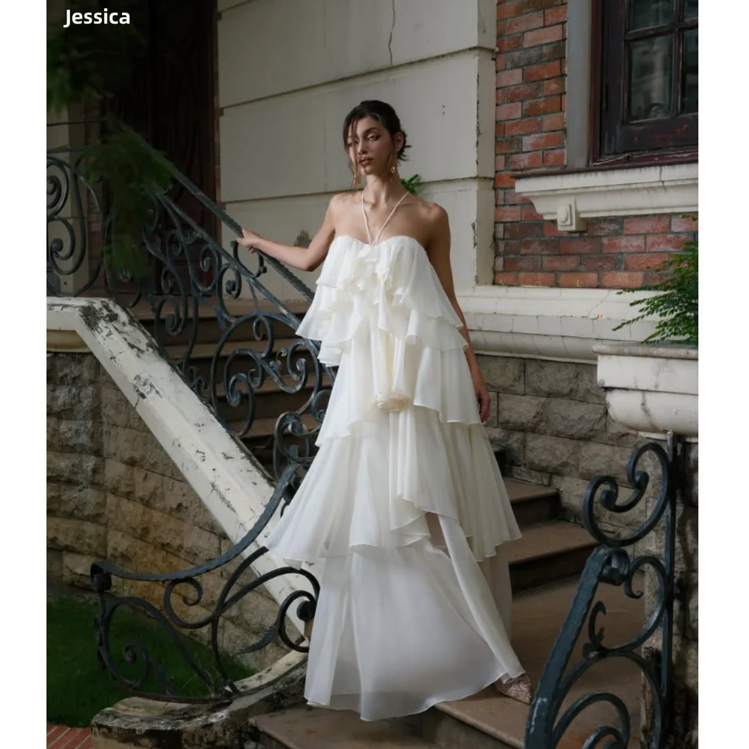 

Jessica Halter White Evening Dresses Chiffon Ruffle layering Prom Dresses A-Shape Wedding Party Dresses Customized