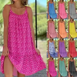 Vestido feminino com suspensório estampa floral, vestido com babados em linha A, vestido casual solto para praia, roupas sexy de festa para senhoras