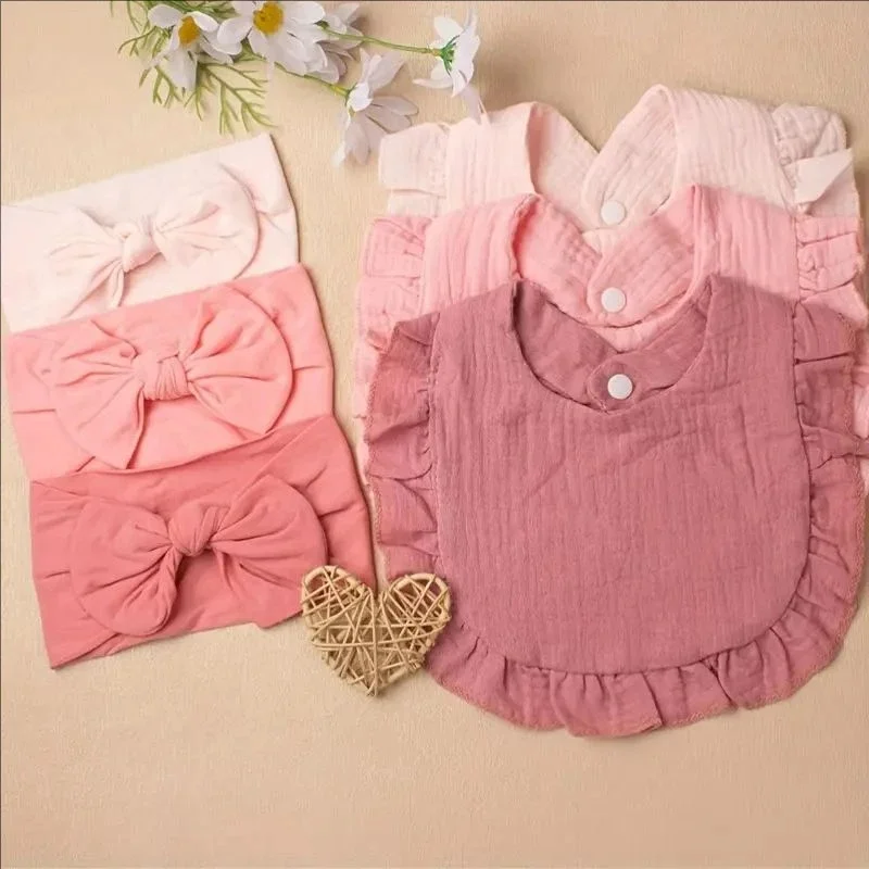 Bavoirs côtelés pour bébé, 6 pièces/lot, nœuds de cheveux, bandeaux pour bébés garçons et filles, fleur à volants, serviette de salive, alimentation, écharpe en tissu, couvre-chef