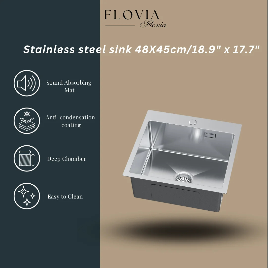 حوض مطبخ ستانلس ستيل 48 × 45 سم وعاء واحد مع فتحة صنبور، طقم تجاوز وصرف، حامل علوي، سهل التركيب، سهل التركيب