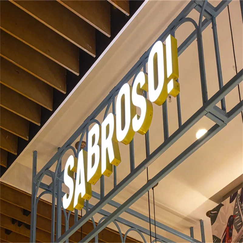 Illuminated exterior signage, 3D Light box 3D wall logo Office sign , Metal letters gold brushed Background Backlit logo Sign