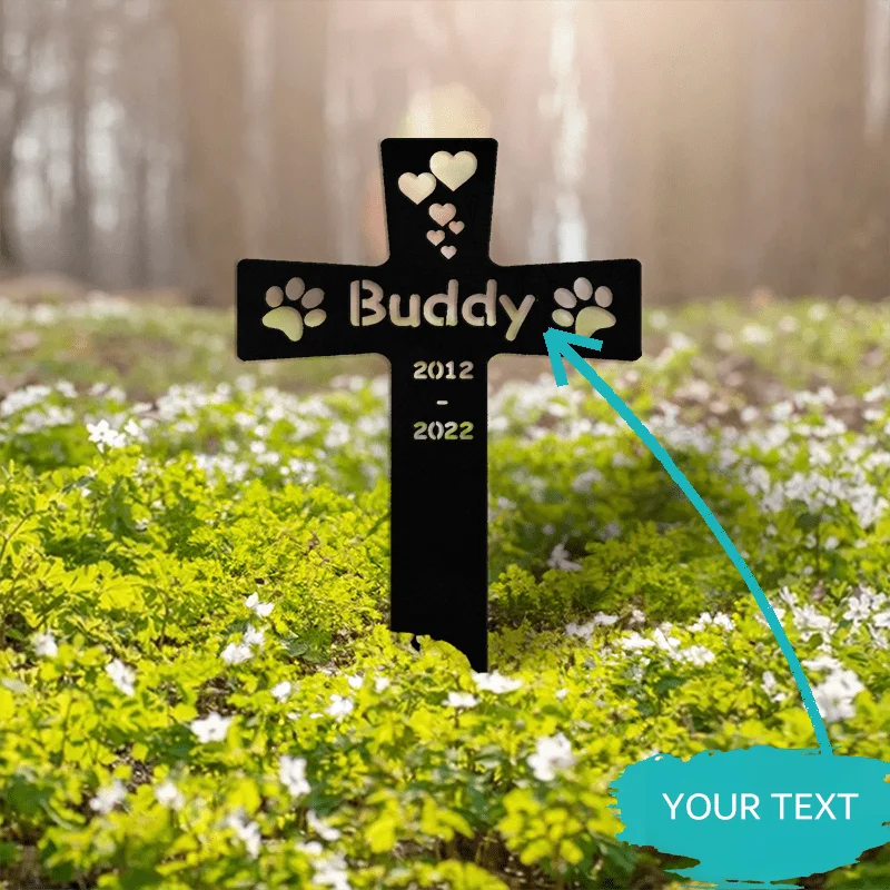 Special Metal Stake: Personalized Dog Paw Print Tombstone Marker - Cross Garden Stake for Pet Loss - Dog Mom Gift image 6