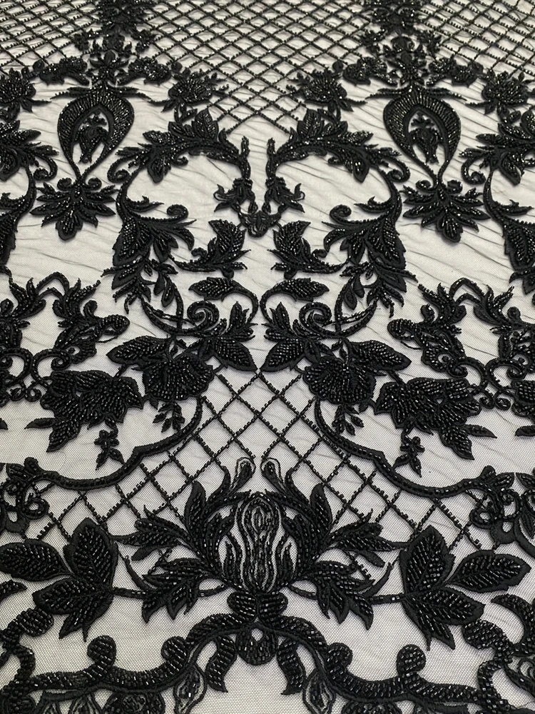 

HelluyerDC Black heavy beading lace fabric,super large patterns lace for fashion,wedding,evening,dance gown by the yard