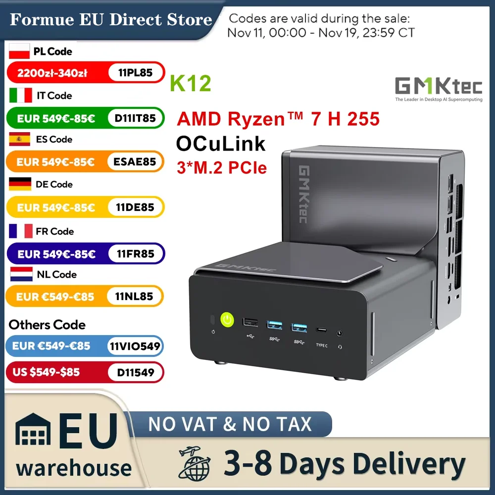 GMKtec NucBox K12 Mini PC de jeu AMD Ryzen 7 H 255 OCuLink USB4 2 * DDR5 3 * PCIe 2*2.5G LAN RGB ordinateur de bureau Windows 11 WiFi6E