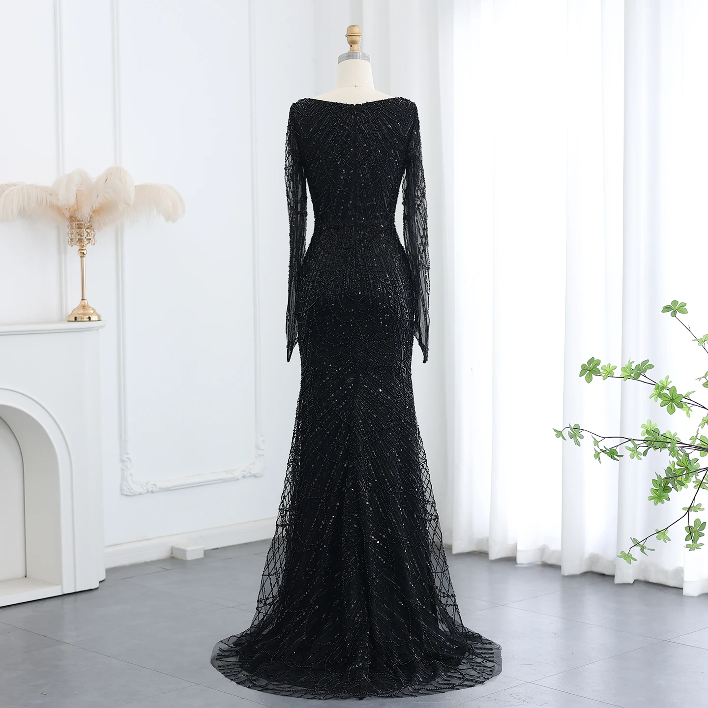 Sharon Said Elegantes Schwarzes Meerjungfrauen-Abendkleid mit Langen Ärmeln, Königsblau, Arabische Damen-Hochzeits- und Partykleider SS686, Maßanfertigung – Detail 20