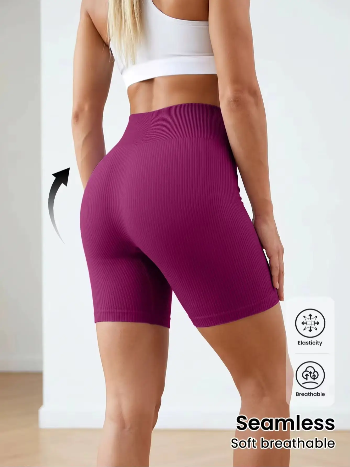 Nahtlose, dehnbare Yoga-Sportshorts für Damen mit hoher Taille, einfarbige Damen-Sweatshorts, Gym-Shorts, Biker-Shorts – Detail 1